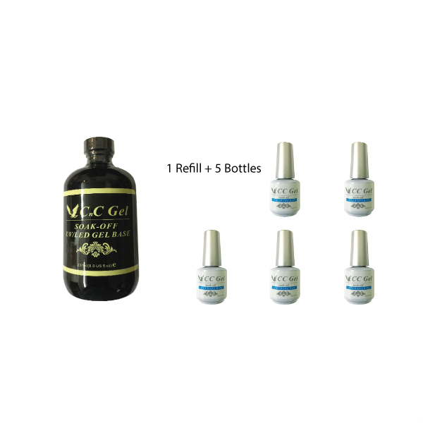 CC Gel LED/UV No Cleanse Base Coat Set (1 Refill 8 oz and 5 bottles 0.5 oz)